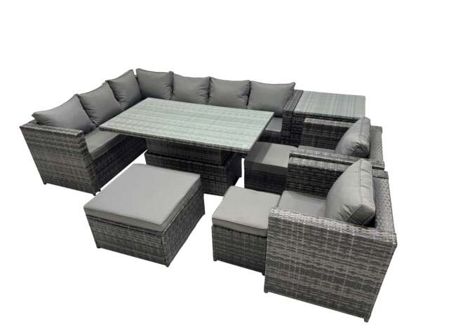 Rackhams 11 seater Height Adjustable Rising Lifting Table Corner Sofa Set Rattan Garden Furniture Dining Set with 3 Stool Side Table Dark Grey Mixed - image 1