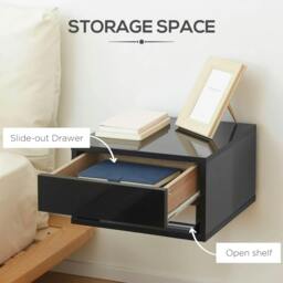 Rackhams Floating Bedside Tables Set of 2, Wall Mounted Nightstand, High Gloss Black - thumbnail 6