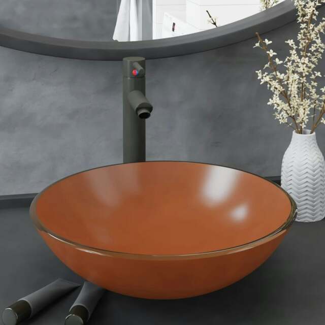 Rackhams Bathroom Sink with Tap and Push Drain Brown Tempered Glass