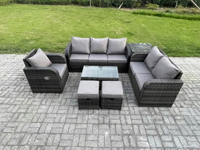 Rackhams 8 Seater Rattan Outdoor Sofa Set - Rectangular Coffee Table, Reclining Chair & 3-Seater Sofa - image 1