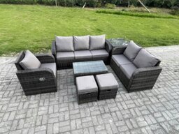 Rackhams 8 Seater Rattan Outdoor Sofa Set - Rectangular Coffee Table, Reclining Chair & 3-Seater Sofa - thumbnail 2