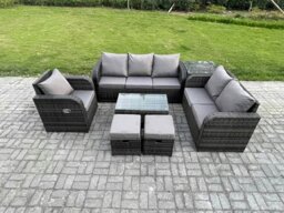 Rackhams 8 Seater Rattan Outdoor Sofa Set - Rectangular Coffee Table, Reclining Chair & 3-Seater Sofa - thumbnail 1