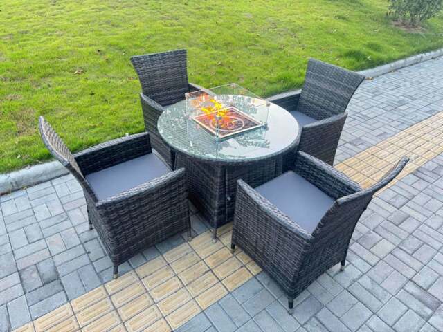Rackhams 5-Piece PE Rattan Garden Furniture with Big Round Gas Fire Pit Table and 6 Chairs for Patio Dark Grey Mixed - image 1