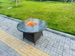 Rackhams 5-Piece PE Rattan Garden Furniture with Big Round Gas Fire Pit Table and 6 Chairs for Patio Dark Grey Mixed - thumbnail 3