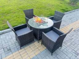 Rackhams 5-Piece PE Rattan Garden Furniture with Big Round Gas Fire Pit Table and 6 Chairs for Patio Dark Grey Mixed - thumbnail 1