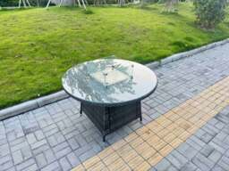 Rackhams 5-Piece PE Rattan Garden Furniture with Big Round Gas Fire Pit Table and 6 Chairs for Patio Dark Grey Mixed - thumbnail 4