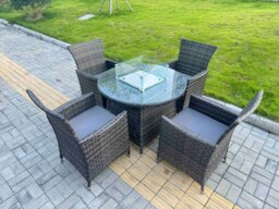 Rackhams 5-Piece PE Rattan Garden Furniture with Big Round Gas Fire Pit Table and 6 Chairs for Patio Dark Grey Mixed - thumbnail 2