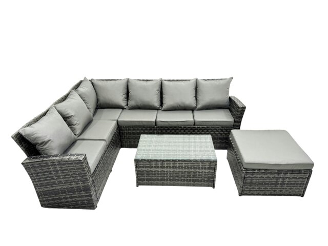 Rackhams 7 Seater High Back Rattan Garden Furniture Set Corner Sofa With Oblong Coffee Table Footstool - image 1