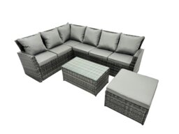 Rackhams 7 Seater High Back Rattan Garden Furniture Set Corner Sofa With Oblong Coffee Table Footstool - thumbnail 2