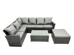 Rackhams 7 Seater High Back Rattan Garden Furniture Set Corner Sofa With Oblong Coffee Table Footstool - thumbnail 1
