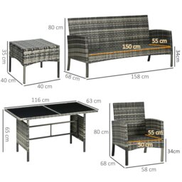 Rackhams Rattan Garden Furniture Sofa Set, 2 Armchairs 2 Table Grey - Grey - Grey - thumbnail 6