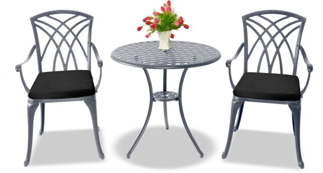 Rackhams OSHOWA Luxurious Garden and Patio Table and 2 Large Chairs with Armrests Cast Aluminium Bistro Set - Grey with Black Cushions - image 1