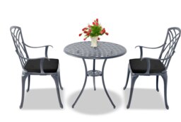 Rackhams OSHOWA Luxurious Garden and Patio Table and 2 Large Chairs with Armrests Cast Aluminium Bistro Set - Grey with Black Cushions - thumbnail 3