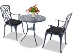 Rackhams OSHOWA Luxurious Garden and Patio Table and 2 Large Chairs with Armrests Cast Aluminium Bistro Set - Grey with Black Cushions - thumbnail 2