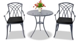 Rackhams OSHOWA Luxurious Garden and Patio Table and 2 Large Chairs with Armrests Cast Aluminium Bistro Set - Grey with Black Cushions