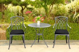 Rackhams OSHOWA Luxurious Garden and Patio Table and 2 Large Chairs with Armrests Cast Aluminium Bistro Set - Grey with Black Cushions - thumbnail 6
