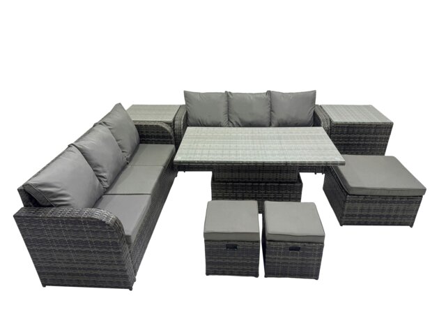 Rackhams Rattan Garden Furniture Dining Set 9 seater Height Adjustable Rising Table Sofa Set with 2 Side Table 3 Footstools Dark Grey Mixed - image 1