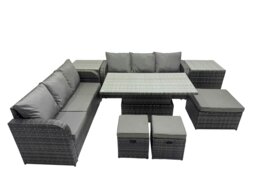 Rackhams Rattan Garden Furniture Dining Set 9 seater Height Adjustable Rising Table Sofa Set with 2 Side Table 3 Footstools Dark Grey Mixed - thumbnail 1