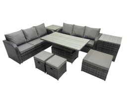 Rackhams Rattan Garden Furniture Dining Set 9 seater Height Adjustable Rising Table Sofa Set with 2 Side Table 3 Footstools Dark Grey Mixed - thumbnail 2