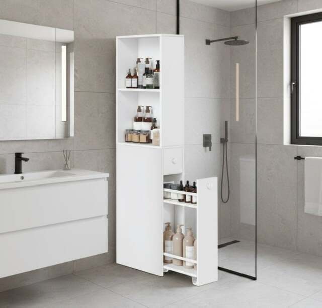 Rackhams Tall Slim Bathroom Storage Cabinet – Freestanding Narrow Unit with Drawers & Adjustable Shelf White - image 1