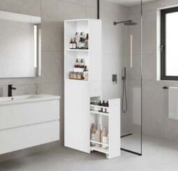 Rackhams Tall Slim Bathroom Storage Cabinet – Freestanding Narrow Unit with Drawers & Adjustable Shelf White