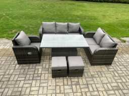 Rackhams Outdoor Rattan Garden Dining Set - Dark Grey Mixed Patio Height Adjustable Rising Lifting Table with Reclining Chair & Sofa - thumbnail 1