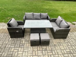 Rackhams Outdoor Rattan Garden Dining Set - Dark Grey Mixed Patio Height Adjustable Rising Lifting Table with Reclining Chair & Sofa - thumbnail 2