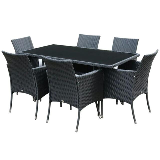 Rackhams 6 Seater Rattan Dining Set with Cushions, Rattan Garden Furniture Set with 6 Armchairs, Rectangular Glass Top Table, Black - image 1
