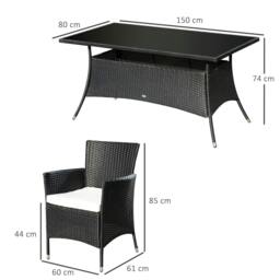 Rackhams 6 Seater Rattan Dining Set with Cushions, Rattan Garden Furniture Set with 6 Armchairs, Rectangular Glass Top Table, Black - thumbnail 2