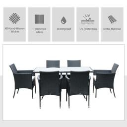 Rackhams 6 Seater Rattan Dining Set with Cushions, Rattan Garden Furniture Set with 6 Armchairs, Rectangular Glass Top Table, Black - thumbnail 3
