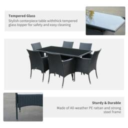 Rackhams 6 Seater Rattan Dining Set with Cushions, Rattan Garden Furniture Set with 6 Armchairs, Rectangular Glass Top Table, Black - thumbnail 4