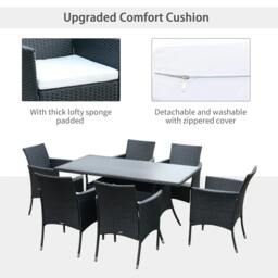 Rackhams 6 Seater Rattan Dining Set with Cushions, Rattan Garden Furniture Set with 6 Armchairs, Rectangular Glass Top Table, Black - thumbnail 5
