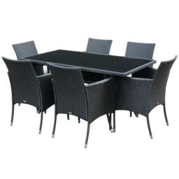 Rackhams 6 Seater Rattan Dining Set with Cushions, Rattan Garden Furniture Set with 6 Armchairs, Rectangular Glass Top Table, Black - thumbnail 1