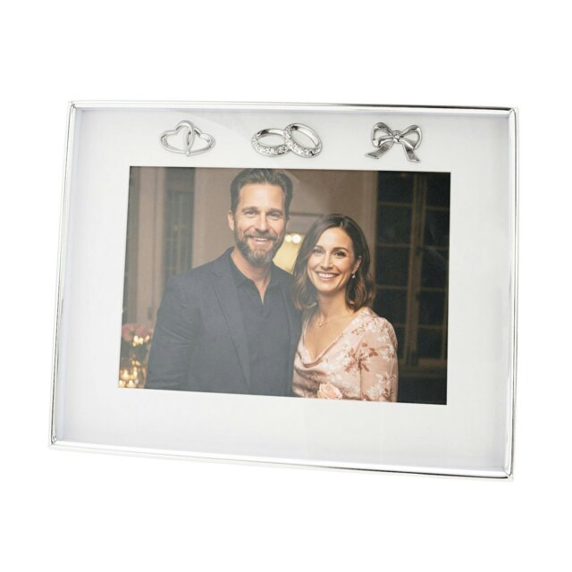 Rackhams Modern Wedding Picture Frame in Silver Plating with Rings and Hearts - image 1