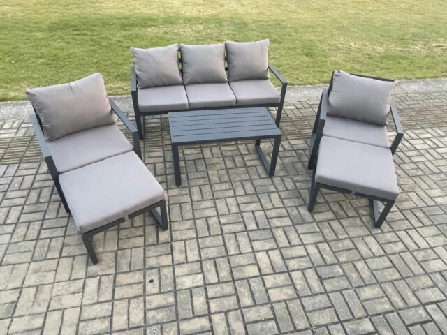 Rackhams Aluminium 6 Pieces Garden Furniture Sofa Set with Cushions 7 Seater Outdoor Patio Set with 2 Armchair 2 Big Footstools Dark Grey - image 1