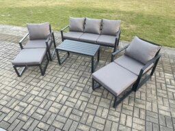 Rackhams Aluminium 6 Pieces Garden Furniture Sofa Set with Cushions 7 Seater Outdoor Patio Set with 2 Armchair 2 Big Footstools Dark Grey - thumbnail 2