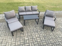 Rackhams Aluminium 6 Pieces Garden Furniture Sofa Set with Cushions 7 Seater Outdoor Patio Set with 2 Armchair 2 Big Footstools Dark Grey - thumbnail 1