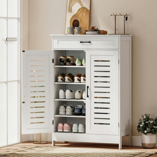 Rackhams Modern Shoe Storage Cabinet with Louvered Doors and Drawer - White - image 1