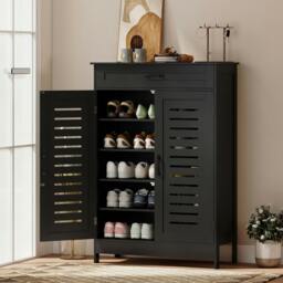 Rackhams Modern Shoe Storage Cabinet with Louvered Doors and Drawer - White - thumbnail 2