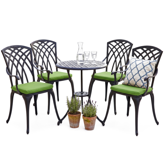 Rackhams OSHOWA Garden and Patio Table and 4 Large Chairs with Armrests Cast Aluminium Bistro Set - Green cushions - image 1