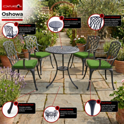 Rackhams OSHOWA Garden and Patio Table and 4 Large Chairs with Armrests Cast Aluminium Bistro Set - Green cushions - thumbnail 4