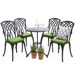 Rackhams OSHOWA Garden and Patio Table and 4 Large Chairs with Armrests Cast Aluminium Bistro Set - Green cushions