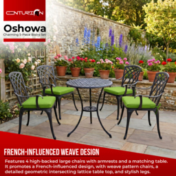 Rackhams OSHOWA Garden and Patio Table and 4 Large Chairs with Armrests Cast Aluminium Bistro Set - Green cushions - thumbnail 2