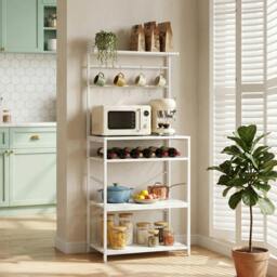 Rackhams Freestanding Shelving Unit with 6 Hooks and Wine Rack, White - thumbnail 1