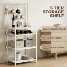 Rackhams Freestanding Shelving Unit with 6 Hooks and Wine Rack, White - thumbnail 4