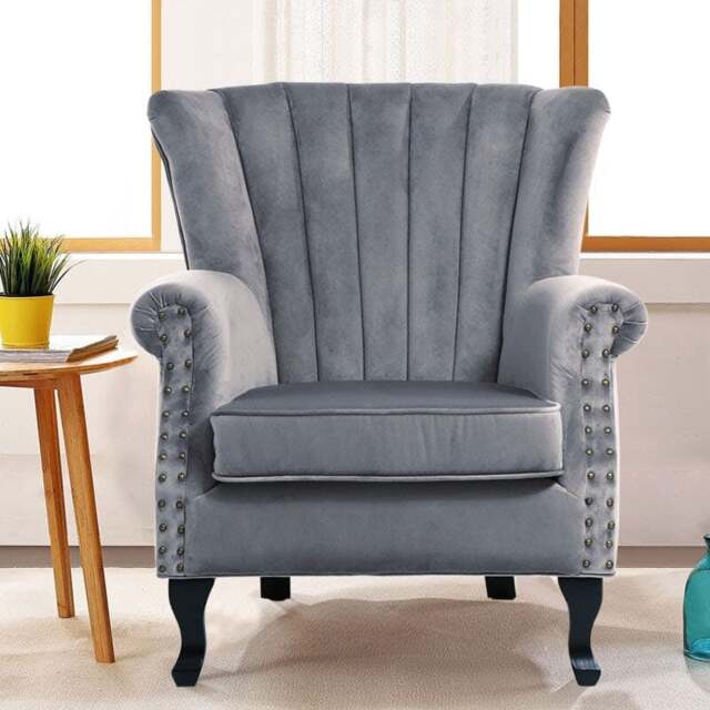 Rackhams WineRed/Blue Velvet Wingback Chair Upholstered Armchair - Grey
