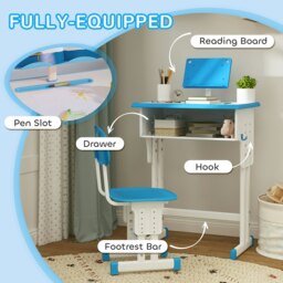 Rackhams Kids Desk and Chair Set Adjustable Height Study Table Set w/ Drawer, Book Stand, Pen Slot - Blue - thumbnail 4
