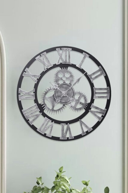 Rackhams 58cm Dia Industrial Style Round Roman Numeral Gear Wall Clock - Silver - image 1