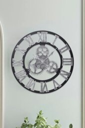 Rackhams 58cm Dia Industrial Style Round Roman Numeral Gear Wall Clock - Silver