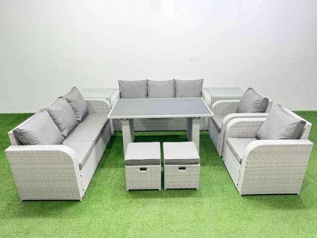Rackhams 10 Seater Wicker PE Rattan Furniture Outdoor Dining Table 3 Seater Sofa Reclining Chair Set with 2 Side Tables 2 Small Stools Light Grey - image 1